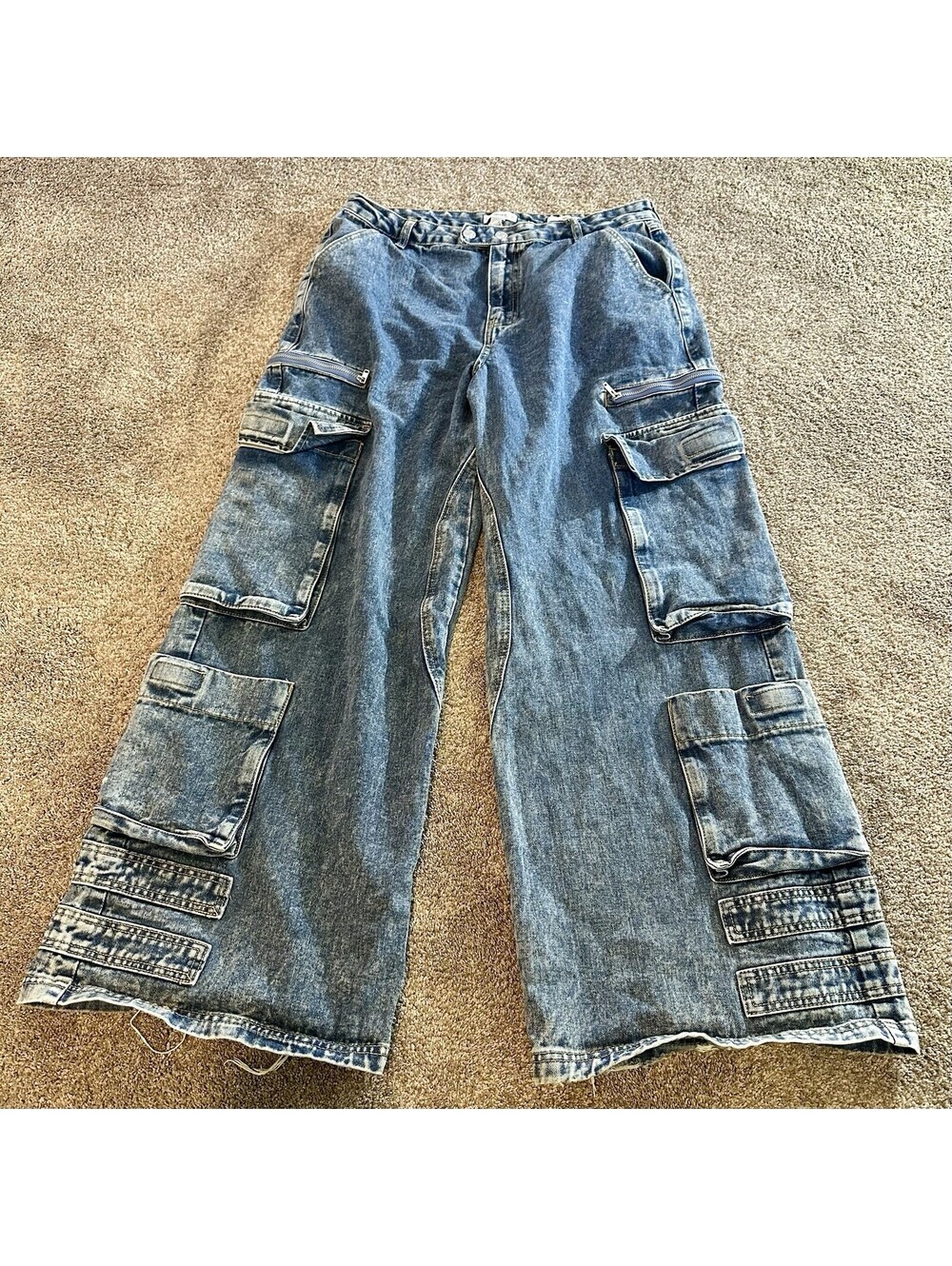 Y2K Cargo Baggy Multi Pocket Jeans Blue Denim Pants Utility Size 31 Skater Indie